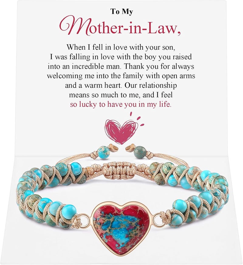 BABORI Jasper Heart Bracelet Adjustable Imperial Stone Beaded Braided Handmade Bracelet for Women Birthday Anniversary Mothers Day Christmas Graduation Jewelry Gifts for Her Mother Daughter - Image 1